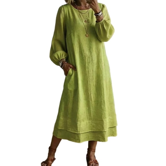Dpjklzsn Women's Crew Neck Long Sleeve Maxi Dress, Relaxed Fit Layered Hem Casual Dress with Side Pockets