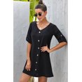 thumbnail image 5 of Women's Buttoned V Neck Dress with 95% Polyester 5% Spandex Casual Mini Length Roll Tab Sleeves Comfortable stretch, 5 of 10