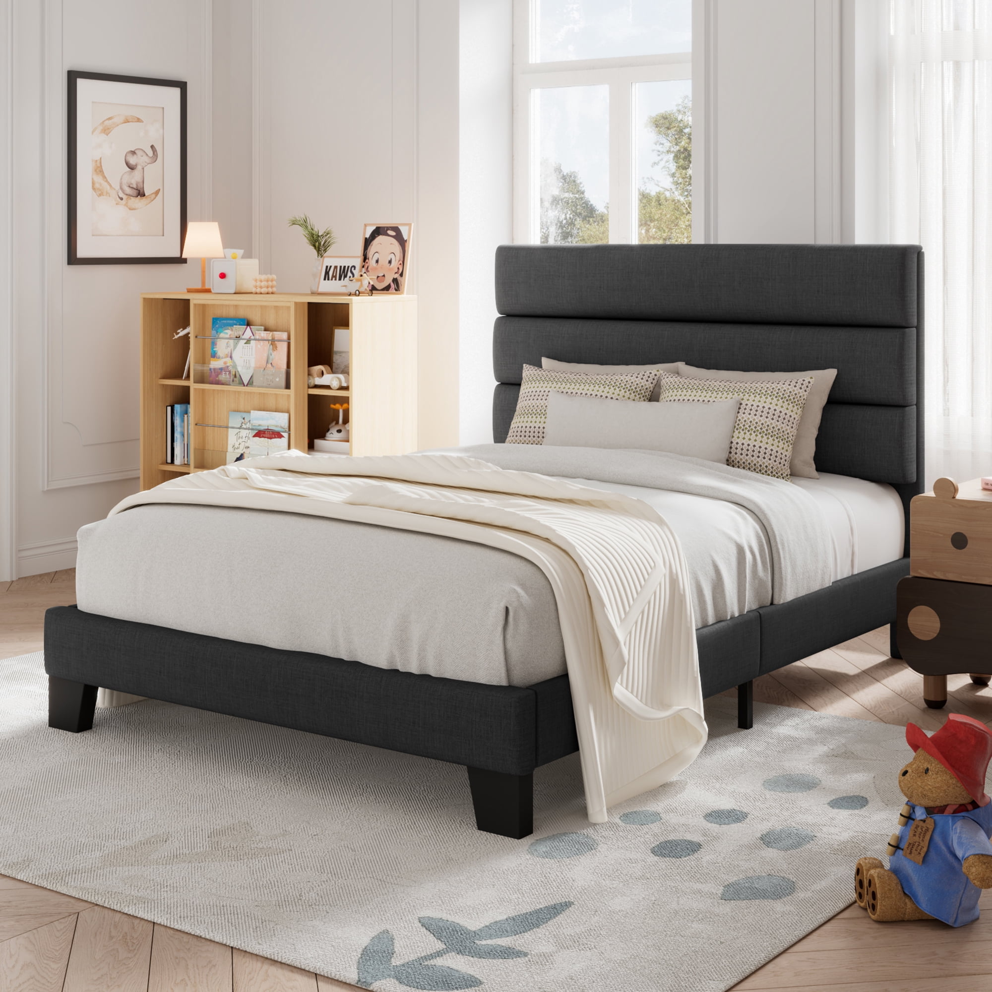 Allewie Twin Size Platform Bed Frame with Fabric Upholstered Headboard, No Box Spring Needed, Dark Grey