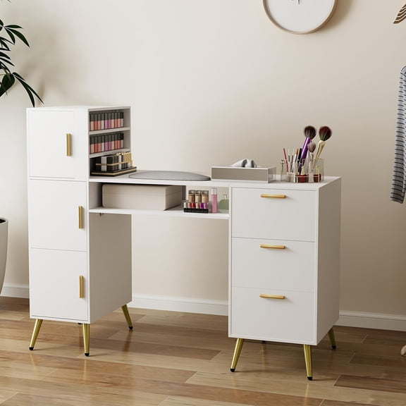 Solidee Portable Nail Desk with Drawers White Manicure Table Nail Station with Shelves L-Shaped Salon Corner Nail Art Equipment for Nail Tech
