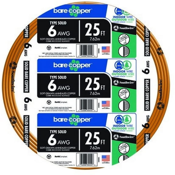 Building Wire, Bare Copper, 6 AWG, 25ft