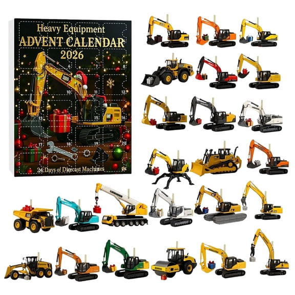 2026 Heavy Equipment Advent Calendar, 24 Days Christmas Countdown Calender, 2D Construction Vehicle Style Pendants with Festive Accents, Xmas Gift Set for Family & Friends