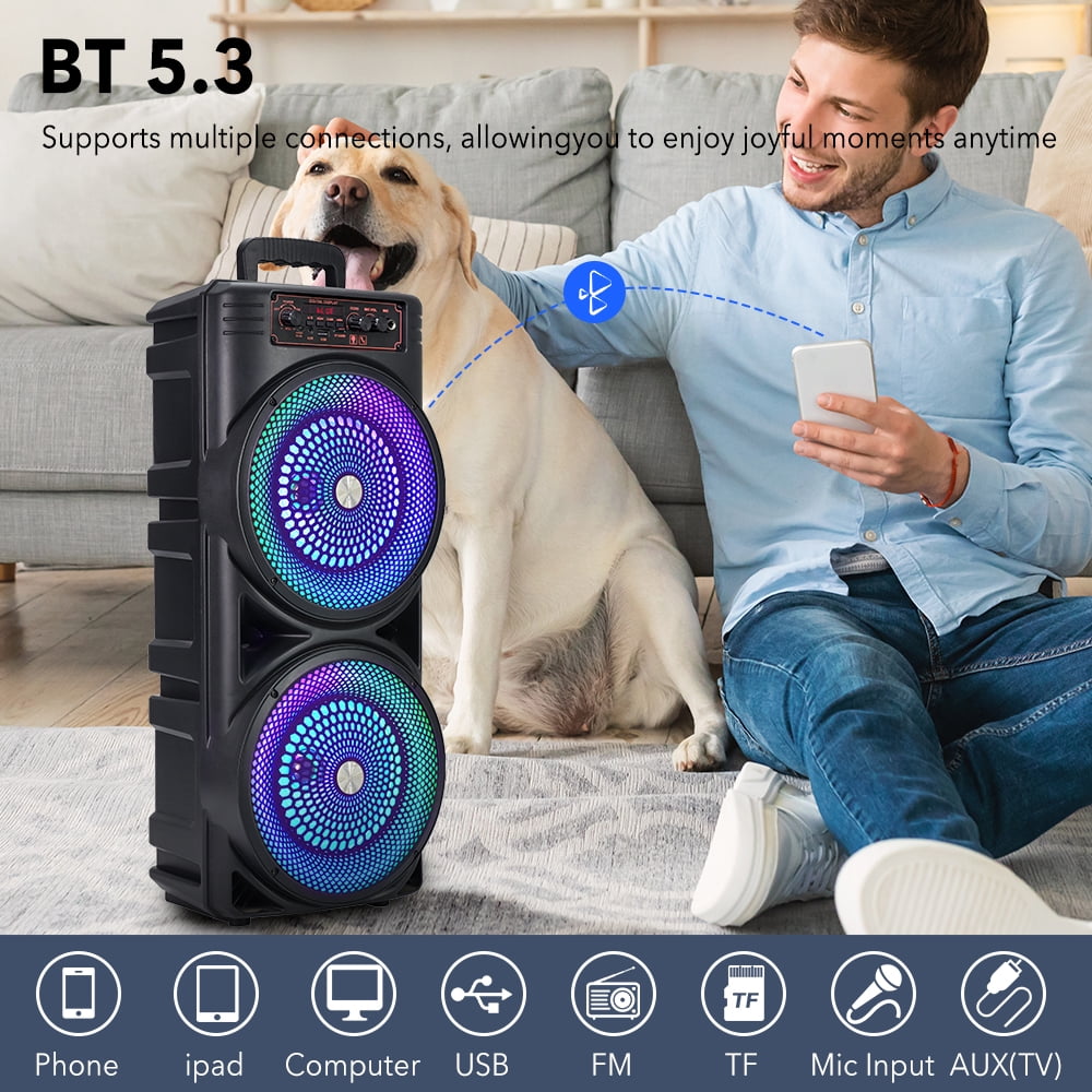 VTIN Dual 8.5" Bluetooth Party Speaker with 1000W Peak Power - RGB Lights, 3000mAh Rechargeable, TWS Stereo, Wired Mic & Remote, Portable Heavy Bass Subwoofer for Karaoke Camping Parties