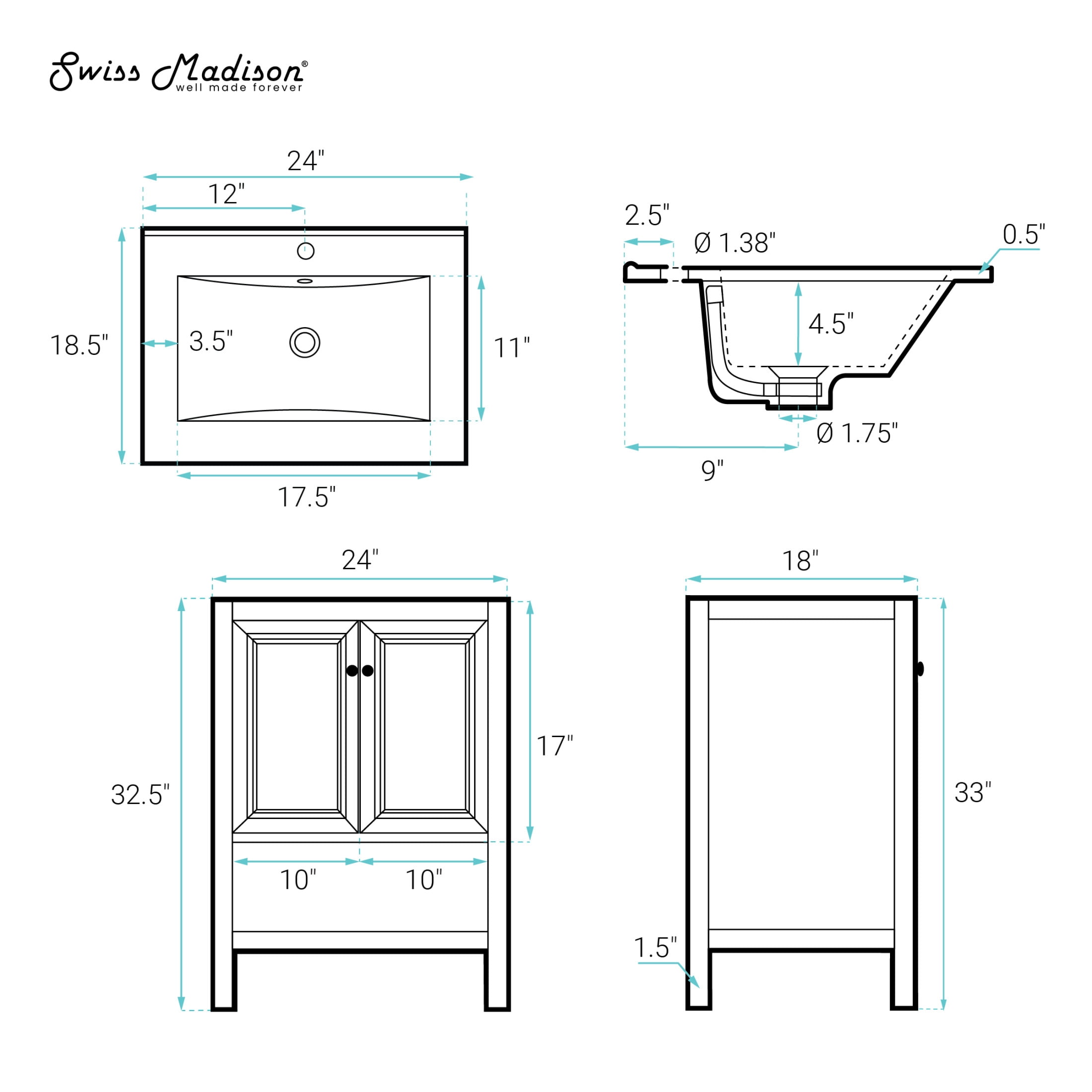 Chateau 24" Freestanding Bathroom Vanity in Brown Oak with Sink Top
