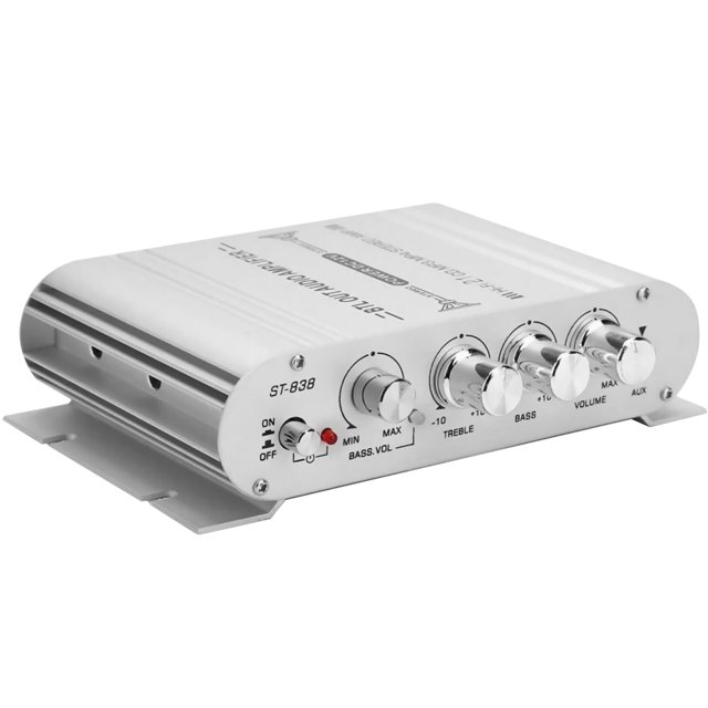 NATEFEMIN 2.1 Channel Power Amplifier ST-838 For Car Boat Home RV Silver 20W×2+40W RMS Treble Bass Subwoofer Control