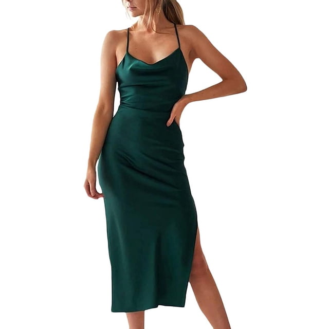 Dinheiro Vestido de satén sin mangas con tirantes finos para mujer, vestido de cóctel, playa, fiesta de noche, cuello vuelto, vestidos midi de leopardo con lunares, L