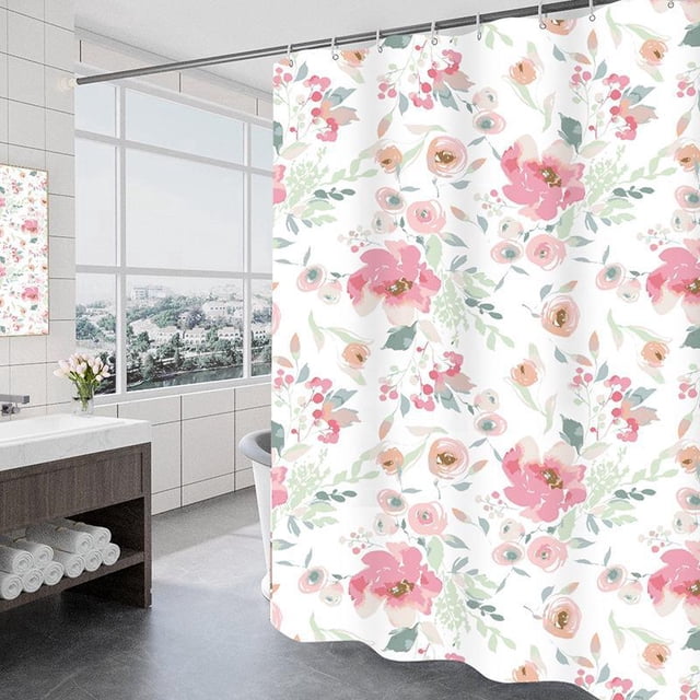 Cortina de ducha de 180 x 200 cm con 12 ganchos de secado rápido (Rose Manor), tela de poliéster impermeable y lavable a máquina, cortinas de baño