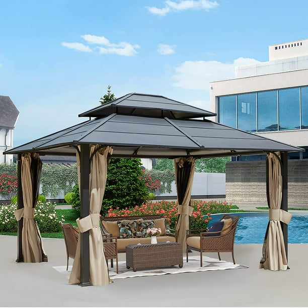 12x14 FT Double Roof Hardtop Gazebo, Aluminum Patio Gazebo with