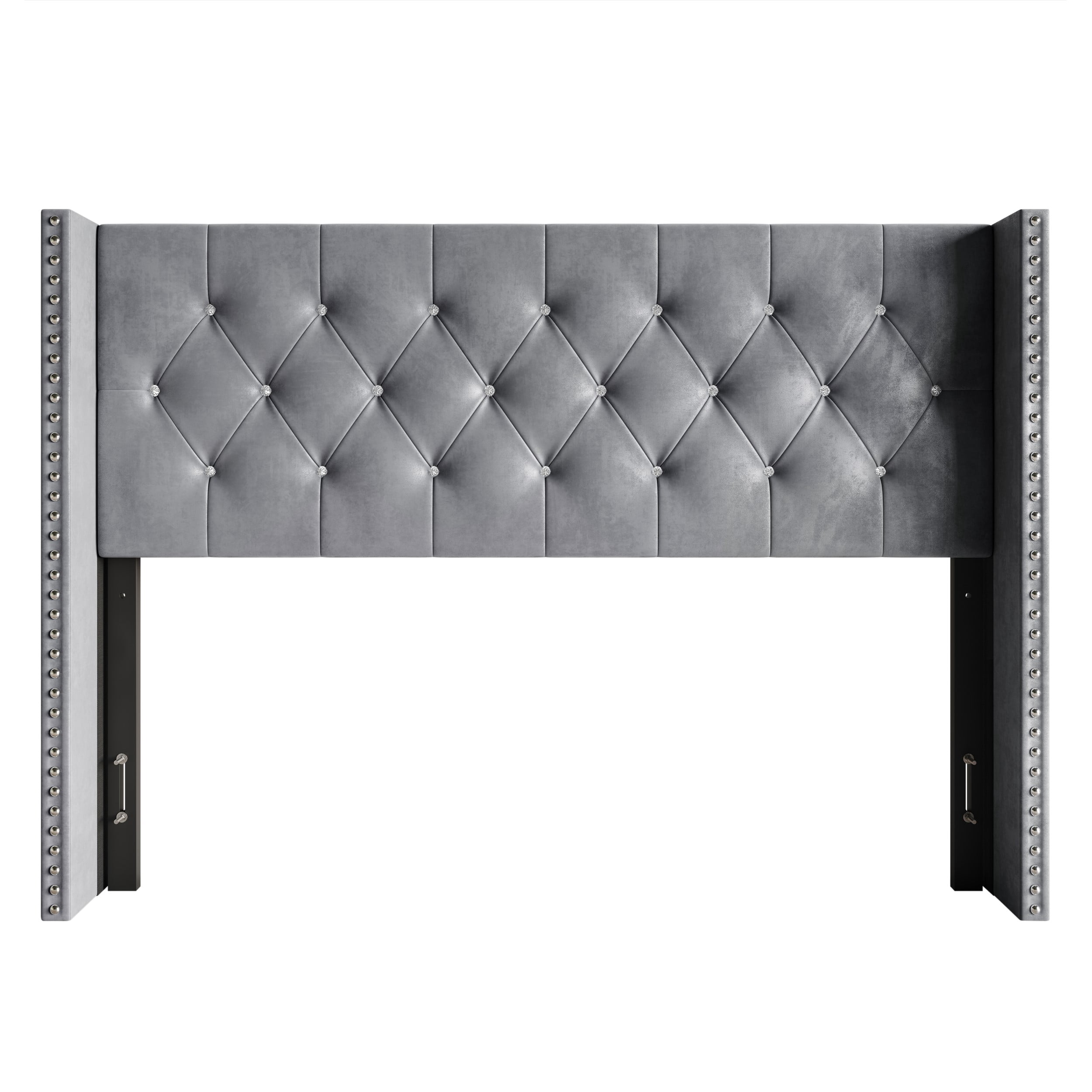 Home Design Gretna King Wingback Tufted Upholstered Headboard with Nailhead Trim, Silver Gray
