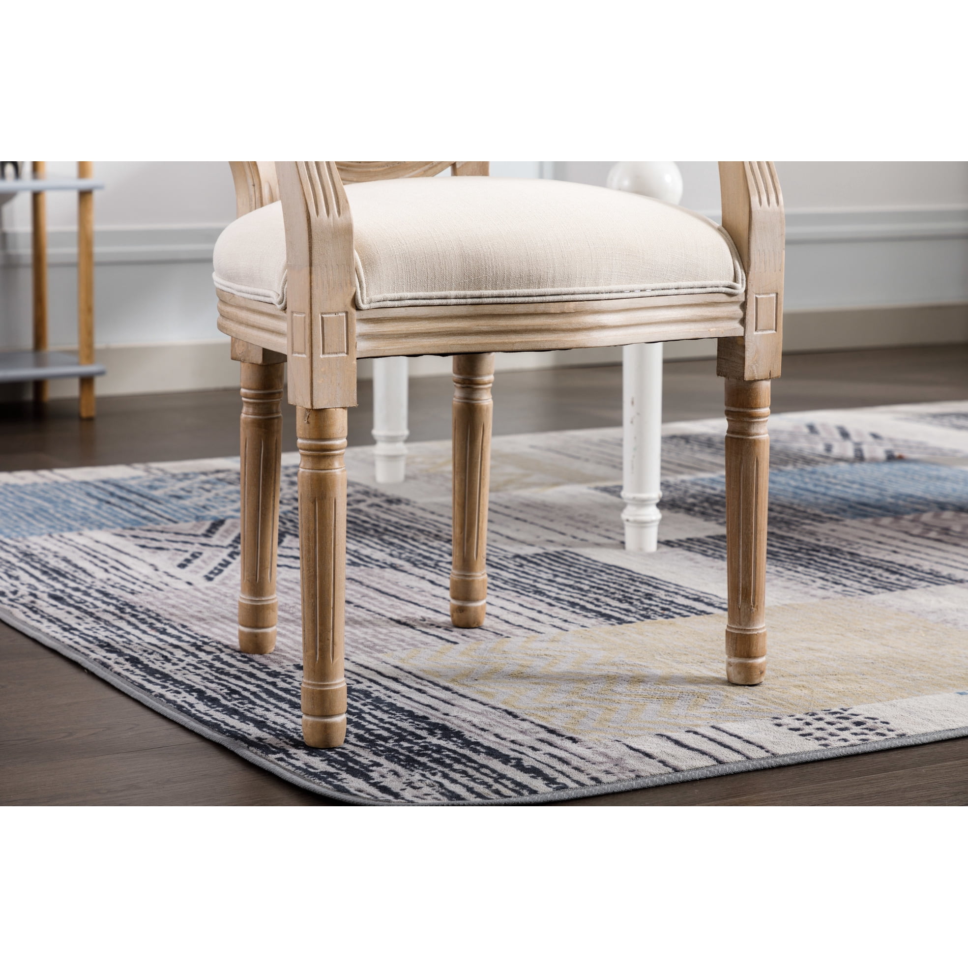 2 Beige French Vintage Armchair . Upholstered Fabric With Breathable Back. 100% Durability. Foam Filled Comfort. Solid Rubberwood Frame. Country Style Weathered Touch Pair. And Ventilated
