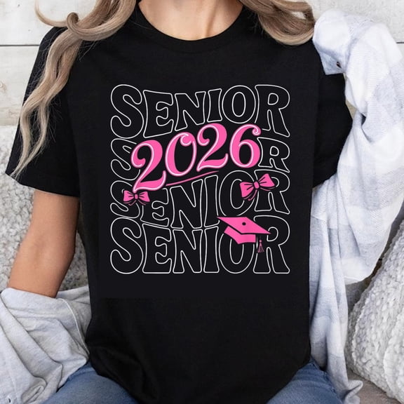 100% Cotton Senior 2026 Graduation T-Shirt for Girls Class of 2026 Pink Bow and Cap Design Black Tee for High School Seniors