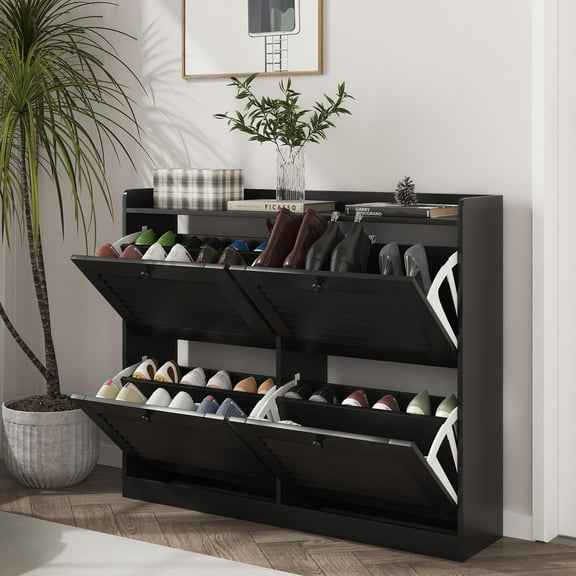 Huisuilinss Shoe Storage Cabinet With 4 Flip Drawers,Narrow Shoe Cabinet,Freestanding Hidden Shoe Rack Organizer With Open Storage,Wooden Legs For Hallway Bedroom Living Room Entryway