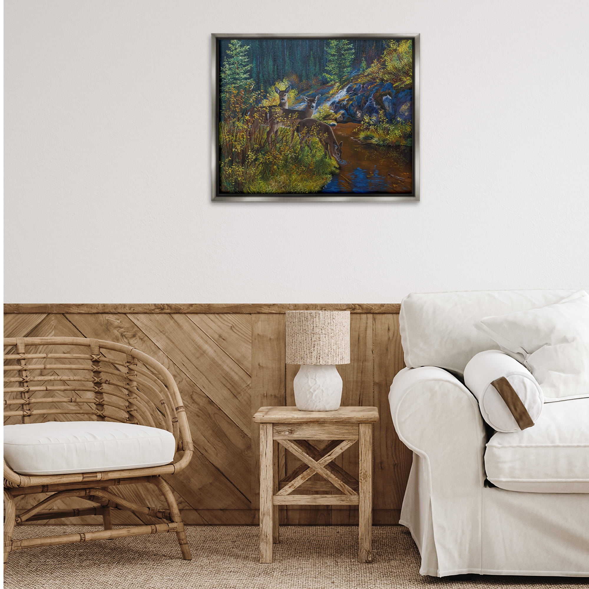 Stupell Industries Deer Drinking from River Landscape & Nature Painting Gray Floater Framed Canvas Art Print Wall Art, 31 x 25