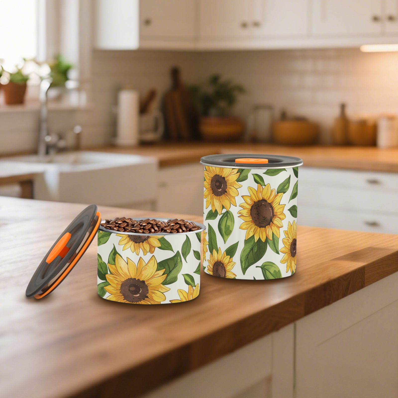 Retro Sunflower Leaves Airtight Coffee Bean Canister 30oz Food Storage Containers with Lids For Gournd, Tea, Sugar, Flour, Rice, Cereal, Candy Cookie Jar