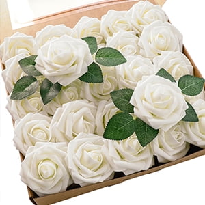 Floroom Artificial Flowers 25pcs Real Looking Ivory Foam Fake Roses with Stems for DIY Wedding Bouquets White Bridal Shower Centerpieces Arrangements Party Tables Decorations
