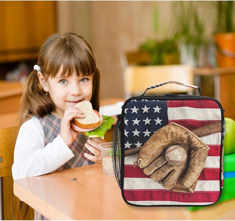 Lunch Box Bag Vintage Ball Baseball American Flag Lunchbox Insulated Thermal Cooler Ice Adjustable Shoulder Strap for Women Men