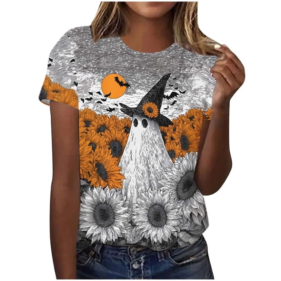 QQZ Oversized Short Sleeve Crew Neck Halloween Tops For Women, Ghost Witch Pumpkin Graphic Womens Halloween Shirts For Pumpkin Patch Trick Or Treat Daily Casual Wear