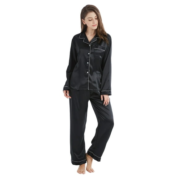 Tony & Candice Women's Classic Silk Satin Pajama Set Adult Sleepwear (S,Black with White Piping)