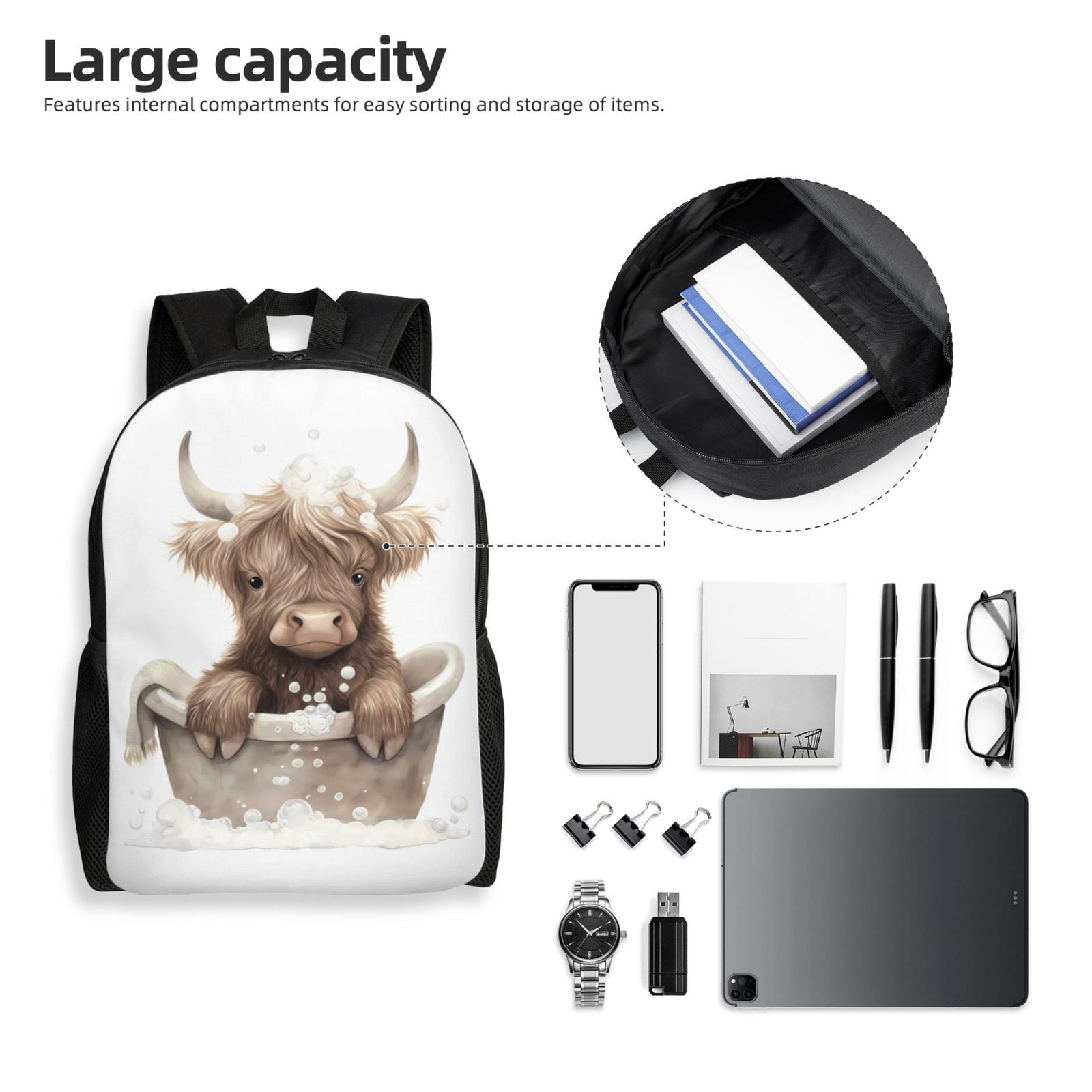 Defioc Cute Cow Bath Print Backpack -Travel,or Work Bookbag Daypacks with 15-Inch Laptop Sleeve and Dual Water Bottle Pockets