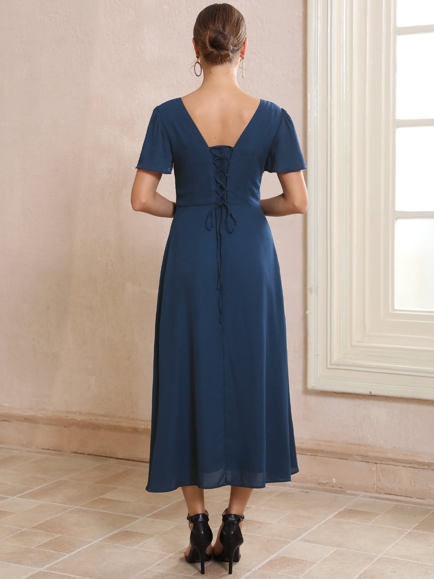 DARING DIVA Women's Bridesmaid Dress Chiffon Long Pleated Maxi Dresses S Dark Blue