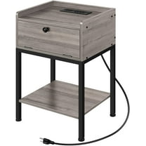 Wood Side Table with Charging Station Nightstand End Table with Storage Drawer, Gray