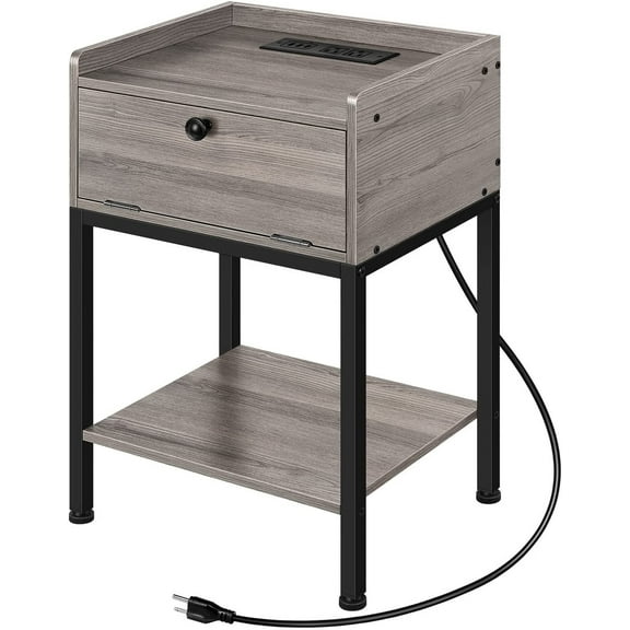 Wood Side Table with Charging Station Nightstand End Table with Storage Drawer, Gray