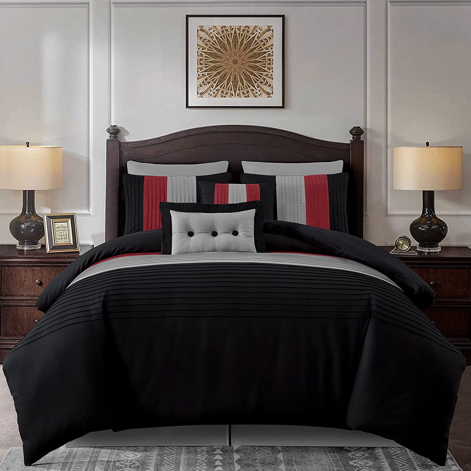 Chezmoi Collection Luxury Pleated Striped Comforter Set, Queen, Red