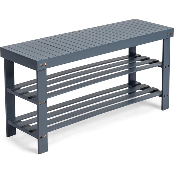 WoofPaw Shoe Rack Bench, 3-Tier Bamboo Shoe Storage Organizer, Entryway Bench,11 x 35.4 x 17.7 Inches, for Entryway Bathroom Bedroom,Gray