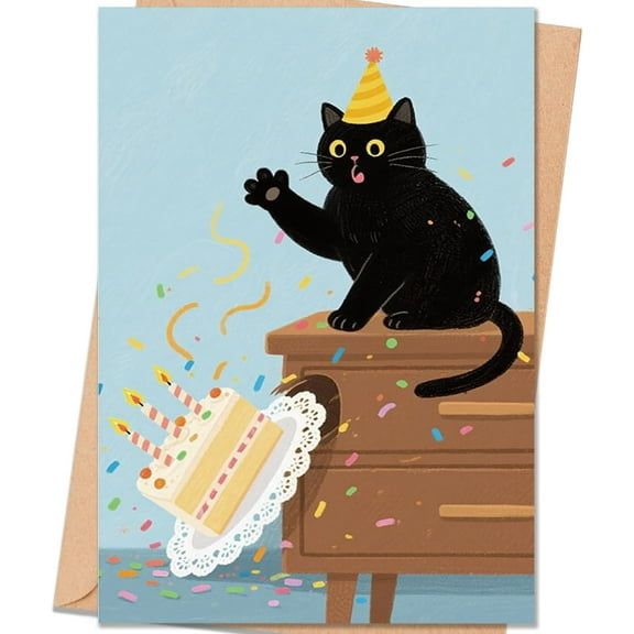 Funny Birthday Card Featuring Black Cat with Cake - Hilarious Greeting Card with Envelope - Perfect for Cat Lovers' Birthdays and Celebrations