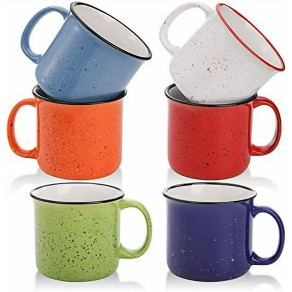 Set of 6 Ceramic Coffee Mugs, 15 Oz Campfire Camping Mugs, Speckled Camper Mug for Tea, Coffee and Hot Chocolate, Campfire Gift Mugs for Camper Lovers and Friends, 6 Colors
