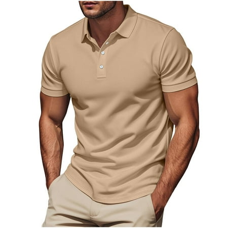 Qgtaibl Men s Golf T-Shirt Tops Short Sleeve Turndown Collar Pullover Summer Tee Lightweight Workout Muscle Shirts Khaki M