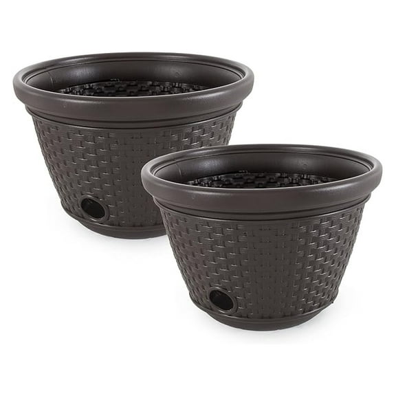 HYYOP 2 Pack Decorative Wicker Garden Hose Holder Pot with 4 Drain Holes for 100 Foot Hoses, Java