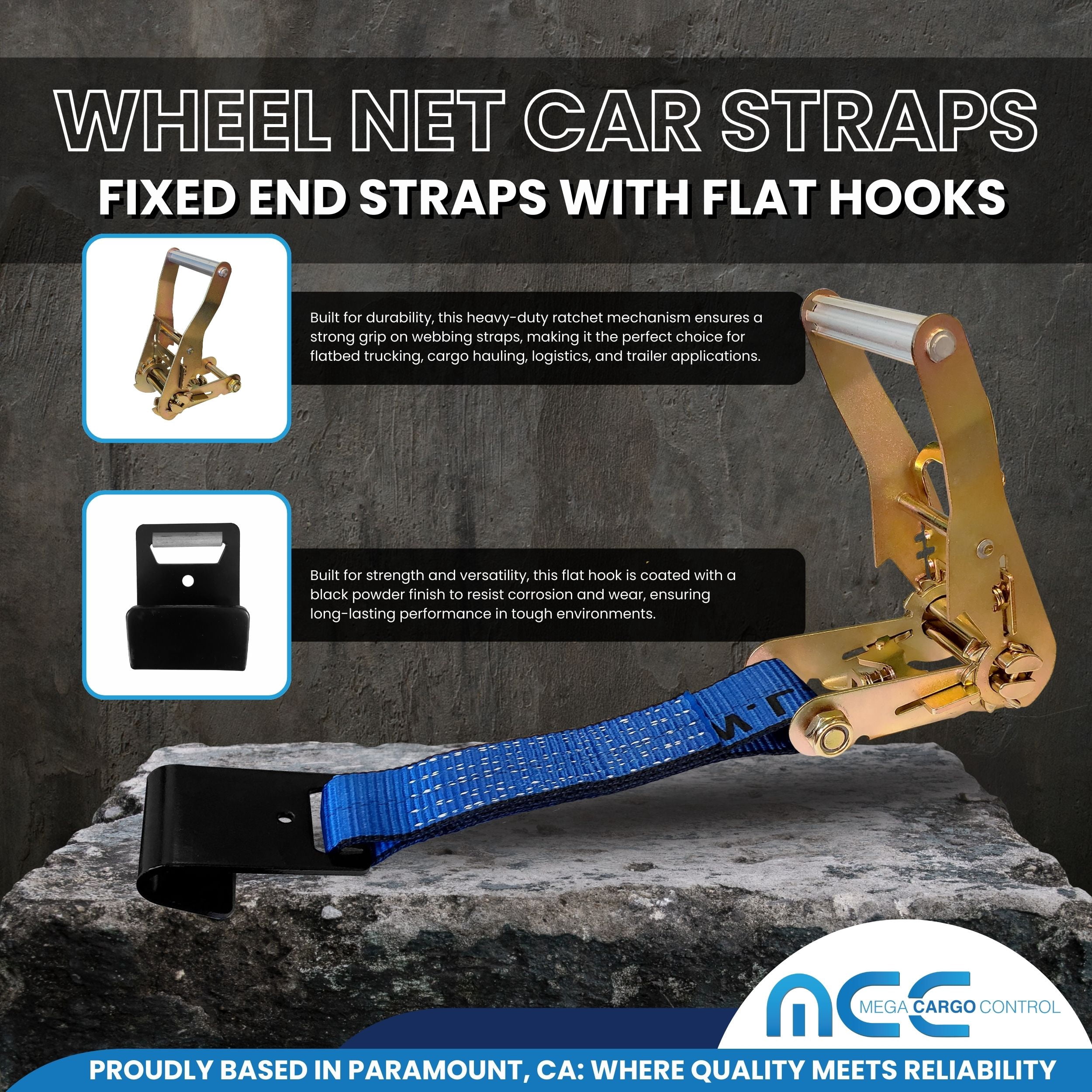 Mega Cargo Control USA 4 Pack 2" x 10' Side Mount Wheel Net Tie Down w/ Ratchet Lasso Strap Flat Hook WLL: 3333 lbs Blue