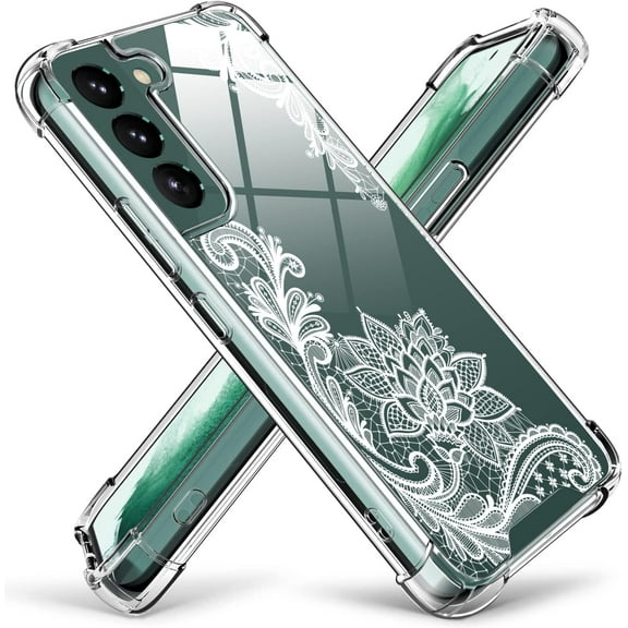 Crystal Clear Case with Lace Flowers Design for Samsung Galaxy S22 5G 6.1 Inches Hybrid [Hard PC] Back   Flexible TPU Frame Shockproof Bumper Protective Cover with 4 Airbags Corners Slim Fit