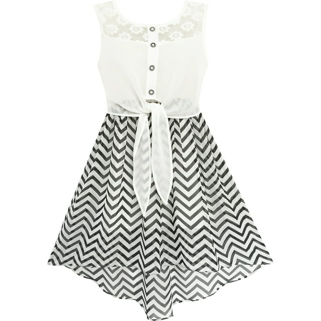 Robe Fille Dentelle à Chiffon Rayée Noir Blanc Taille Nouée 12 Ans
