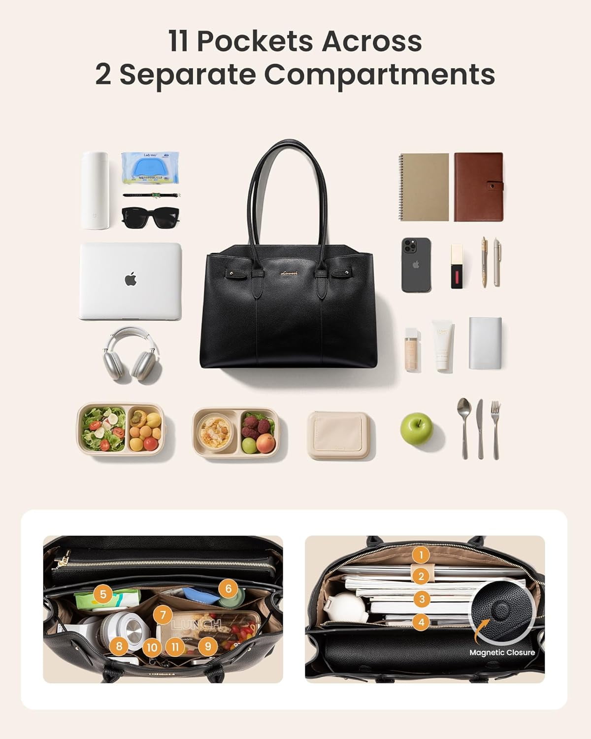 LOVEVOOK Laptop Tote Bag for Women, 15.6 Inch Waterproof Leather Computer Work Purse with Zipper for Teacher & Travel