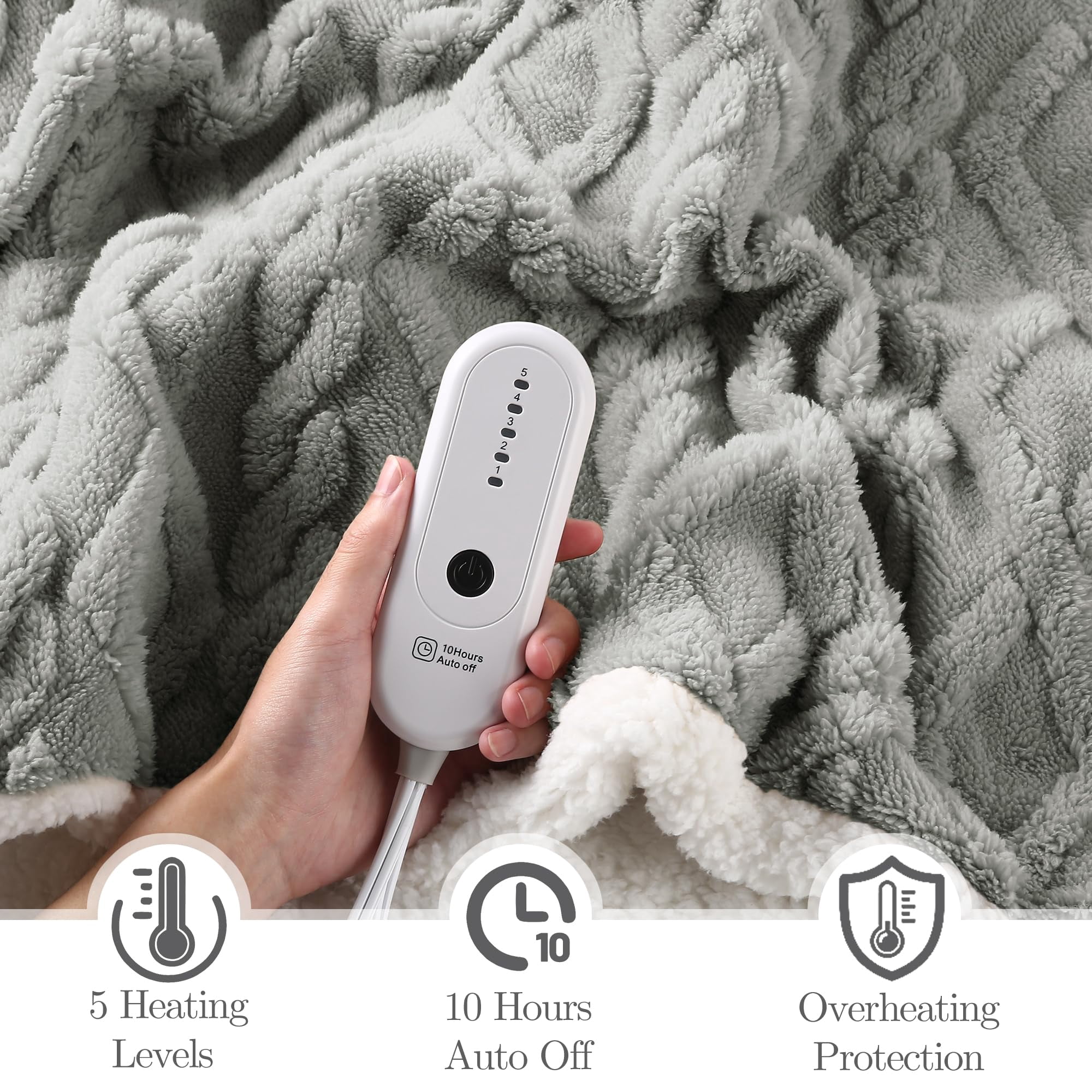 TRUSTWARMTH Heating Blanket Twin Size - 62"x84" Electric Blanket with 10 Hours Auto off & 5 Heating Levels, Ultra Soft Jacquard Shaggy Sherpa, Machine Washable, Gray