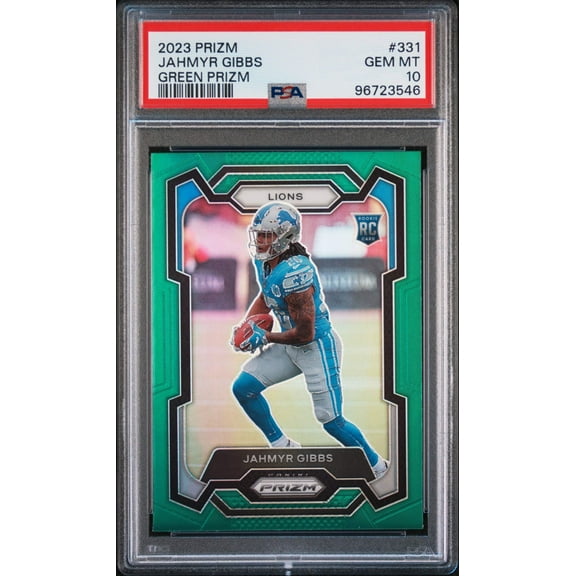 Graded 2023 Panini Prizm Jahmyr Gibbs #331 Green Prizm Rookie RC Football Card PSA 10 Gem Mint