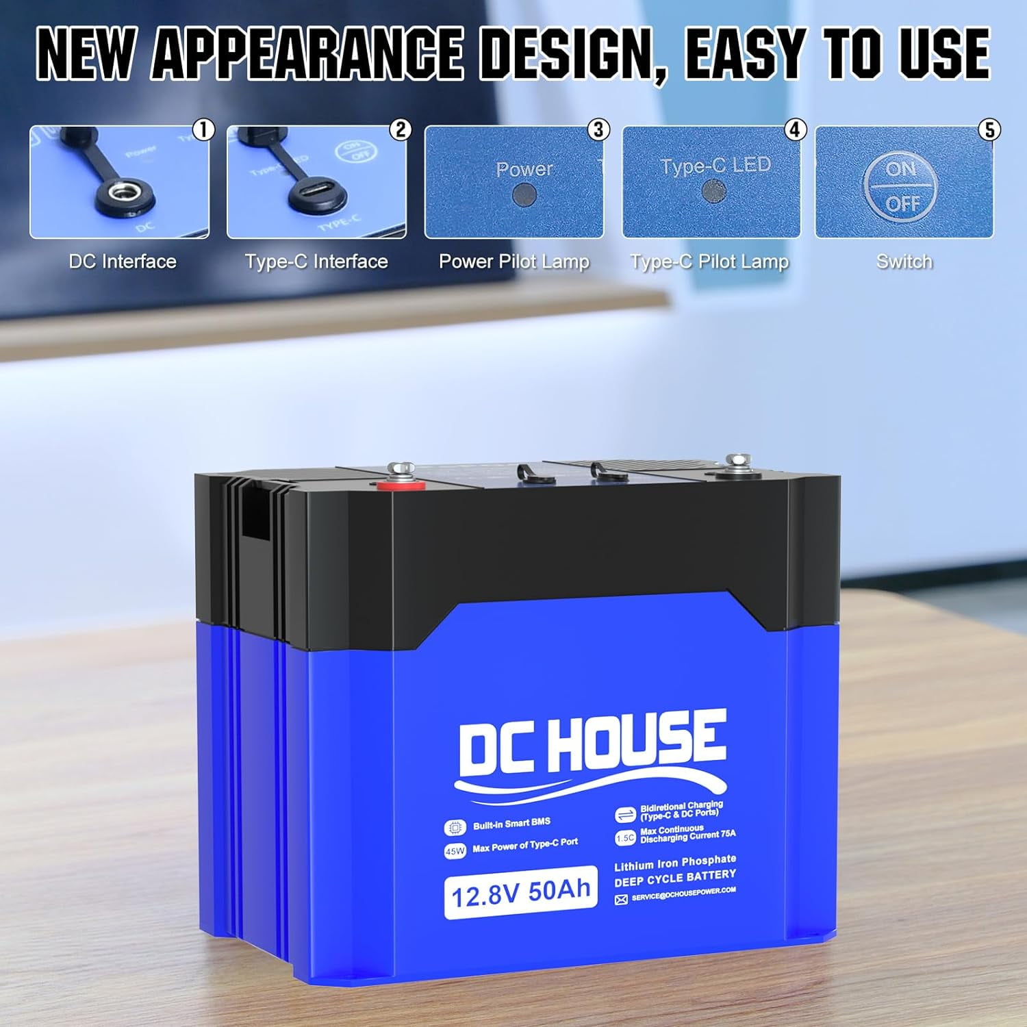 DC HOUSE 12V 50Ah Lithium Battery for Trolling Motor, Built-in 80A BMS, Deep Cycle Up to 4000 Times, Replace Trolling Motor Box with DC & TypeC Ports, for Outdoor, RV, Boat, Camping