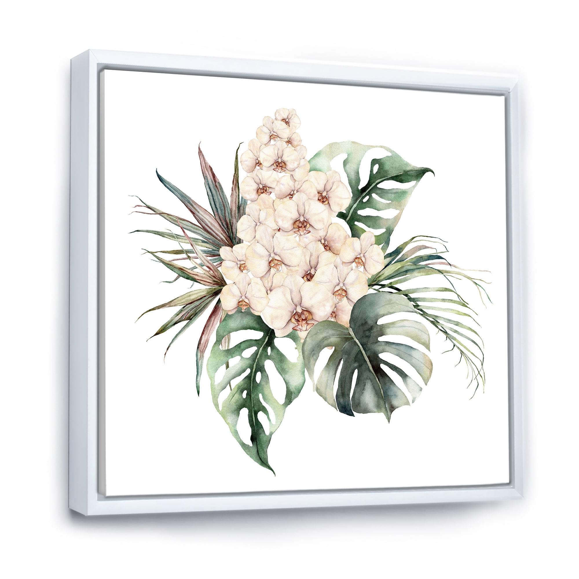 Designart 'Bouquet With Orchids Coconut Leaves and Monstera ' Traditional Framed Canvas Wall Art Print