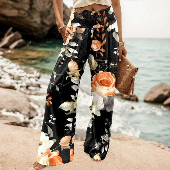 Women Casual Fashion High Waist Elastic Waist Wide Leg Pants Printed Loose Wide Leg Trousers Long Dress Pants for Women Business Casual Women Casual Pants Suits plus Size Womens Business Casual Pants