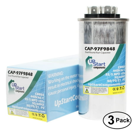 

3-Pack 35 / 5 MFD 440 Volt Dual Round Run Capacitor Replacement for GE 6Z8709 - CAP-97F9848 UpStart Components Brand