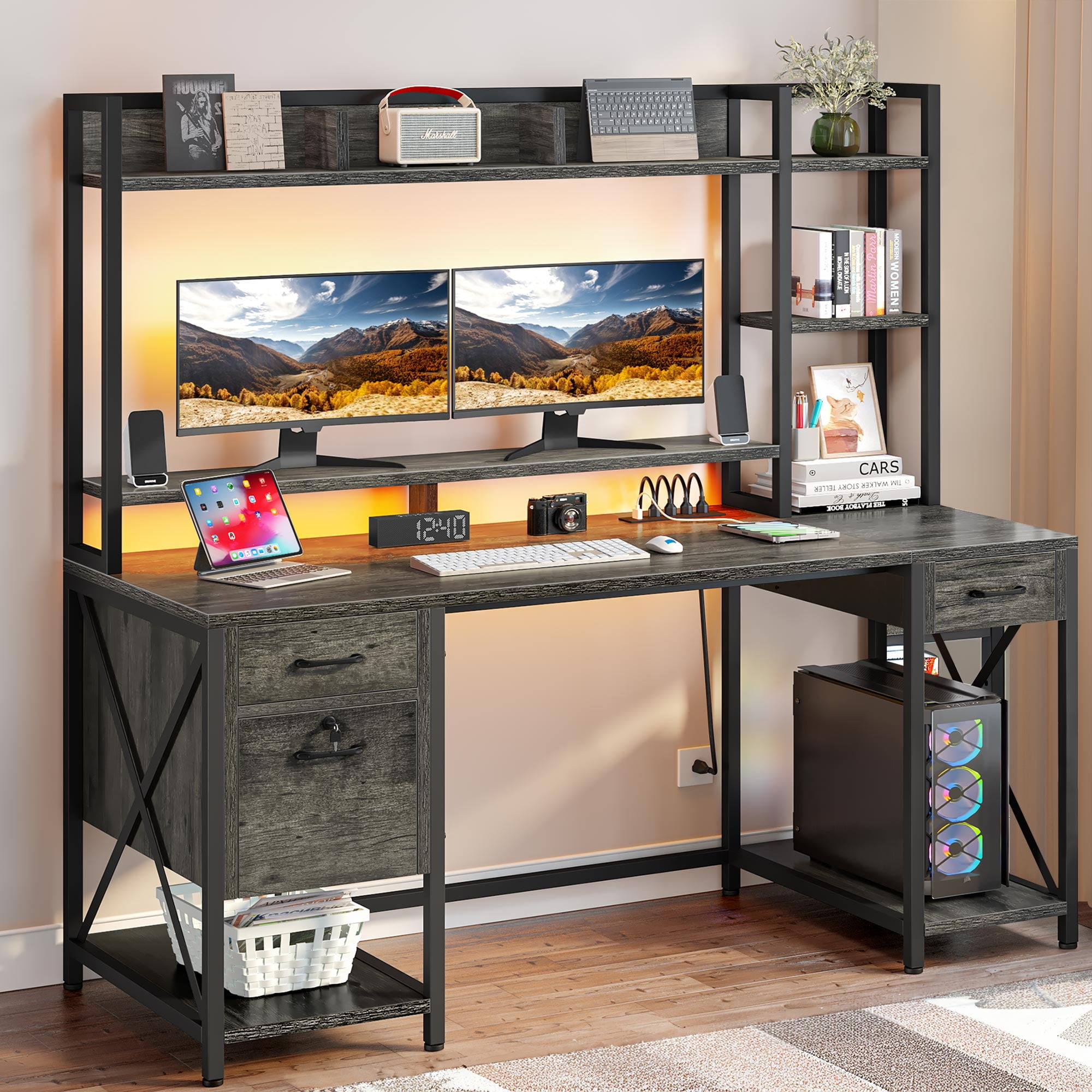 DWVO 59.1"Computer Desk with Power Outlets & Hutch, Office Desk with Storage Shelves & Drawers with Lock, Gaming Desk with LED Lights & Monitor Stand, Gray