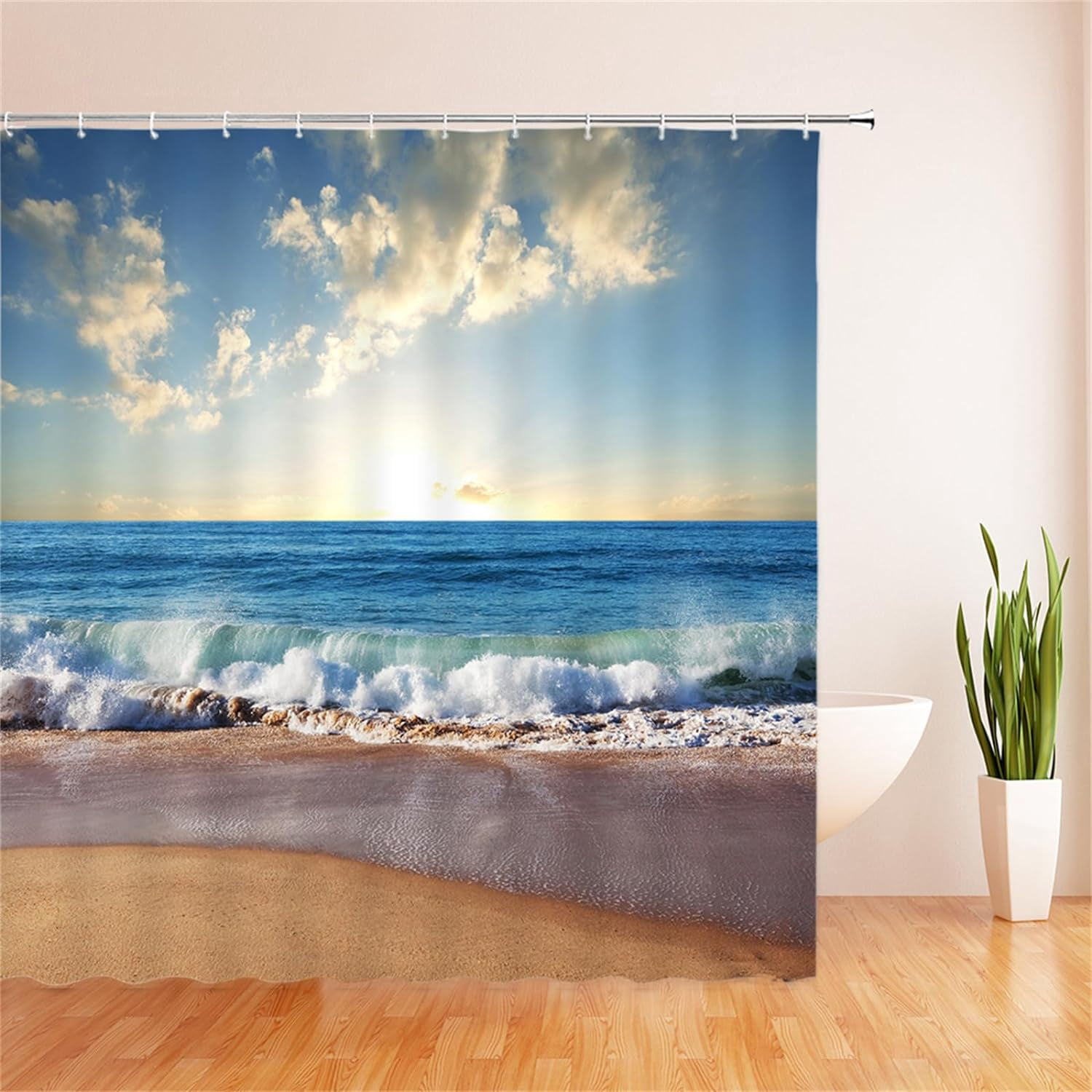 Sunset Beach Shower Curtain Tropical Ocean Landscape Orange Sky Hawaiian Coastal Seascape Sea Waves Summer Seaside Nature Scenery Bath Curtain with Plastic hookss