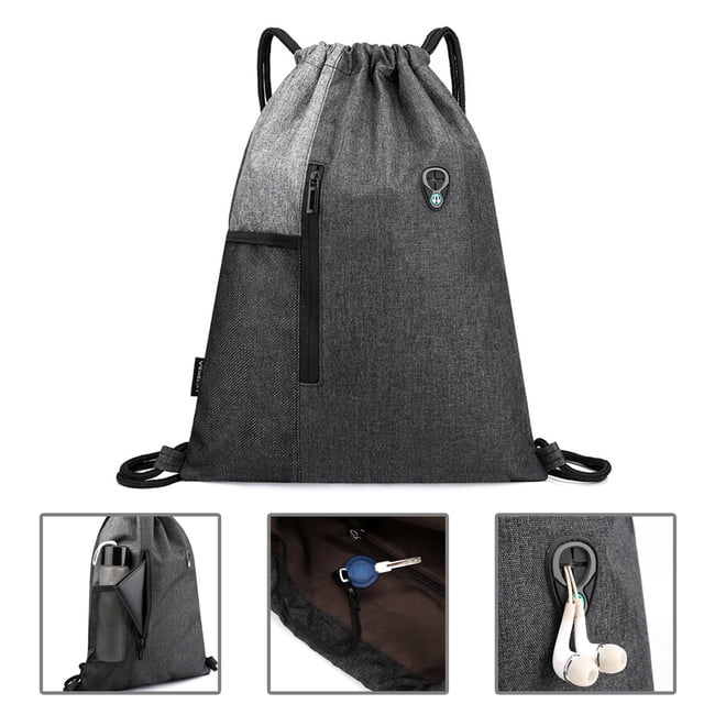 Drawstring Backpack Sports Gym Bag with Headphone Hole Zipper and Mesh Pocket for Women Men