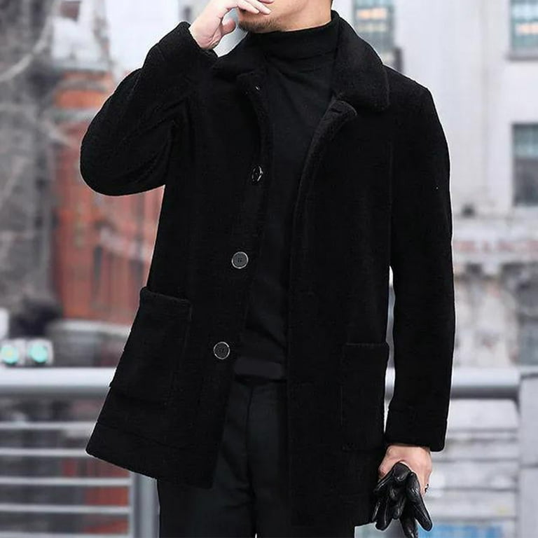 SSAAVKUY Men's Button Up Wool Plush Car Coat Winter Shearling Coat