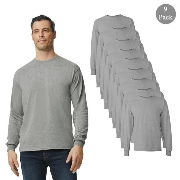 Gildan Men's Heavy Cotton Long Sleeve T-Shirt, Casual Long Sleeve 9 Pack Shirts, Sport Grey Tee, S