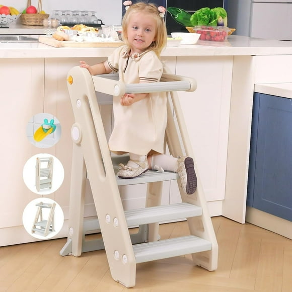 Toddler Tower Kitchen Stool Helper - & Adjustable Height Kids Learning Stool for Kitchen Counter Bathroom Sink, Child Ladder for Toddlers with Handles, Rail, Non-Slip Pads-Pink