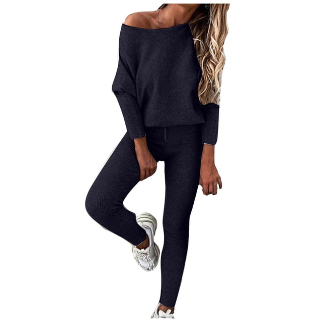 cfhntfmh Lounge Sets for Women Fall Ribbed Knit Long Sleeve Crewneck Solid Color Tops Soft Stretch Long Pants Tracksuit Outfits