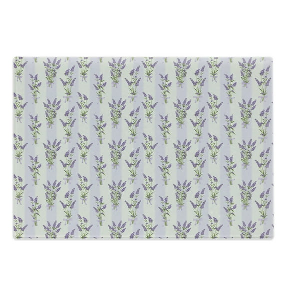Lavender Cutting Board, Stripes and Flowers Ribbons Romantic Country Spring Season Inspired Design Art, Decorative Tempered Glass Cutting and Serving Board, Large Size, Purple, by Ambesonne